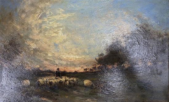 English School c.1900, oil on mahogany panel, Shepherd and flock at sunset, indistinctly signed, 19 x 29cm